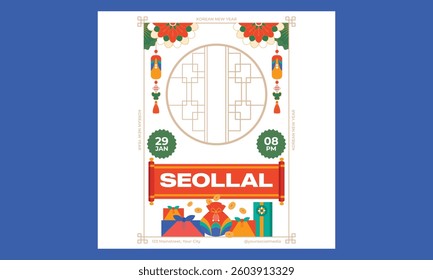Seollal Socials Media. Translation - Korean new year Celebration. Cartoon Vector illustration design for Poster, Banner, Greeting, Card, Flyer, Post, Cover. Korea Lunar New Year.