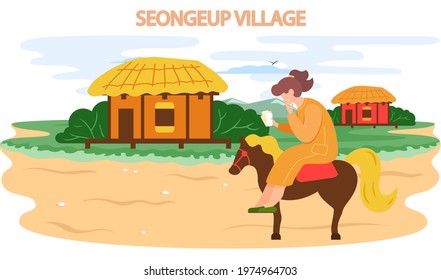 Seongeup village famous landmark of Jeju Island in south Korea. Thatched house traditional hut stone house or building and female tourist riding horse popular place for visiting authentic settlement