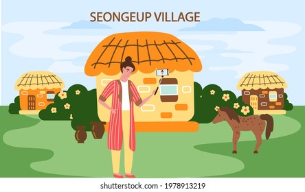 Seongeup village famous landmark of Jeju Island in south Korea. Thatched house traditional hut stone house or building and female tourist taking selfie popular place for visiting authentic settlement