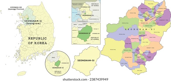 Seongnam-si (Seongnam) location on Gyeonggi-do (Gyeonggi Province) and Republic of Korea (South Korea) map. Clored. Vectored