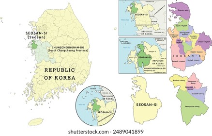 Seosan-si (Seosan) location on Chungcheongnam-do (South Chungcheong Province) and Republic of Korea (South Korea) map. Colored. Vectored