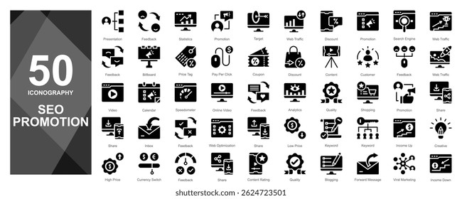 SEO-themed icon pack with marketing essentials: SERP, backlinks, keywords, analytics, and ranking. Optimized for web, app, and presentation use.

