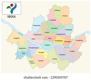 seoul administrative and political vector map with flag