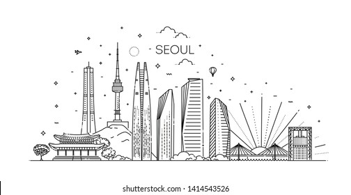 Seoul Architecture Line Skyline Illustration. Linear Vector Cityscape With Famous Landmarks