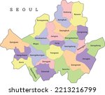 Seoul city administrative map with districts. Clored. Vectored. Yellow, green, blue, pink, violet, orange