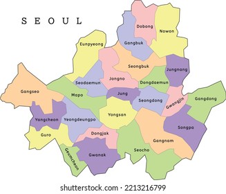 Mapa administrativo de la ciudad de Seúl con los distritos. Clorizado. Vectado. Amarillo, verde, azul, rosa, violeta, naranja