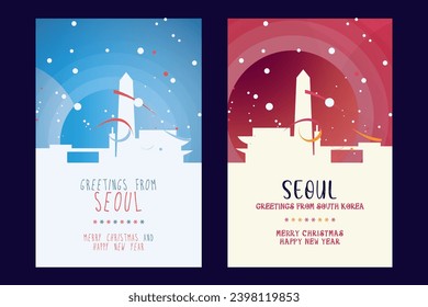 Seoul city poster with Christmas skyline, cityscape, landmarks. Winter South Korea capital megapolis holiday, New Year vertical vector layout for brochure, website, flyer, leaflet, card