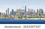 Seoul city skyline on gradient beautiful day sky background. Vector illustration