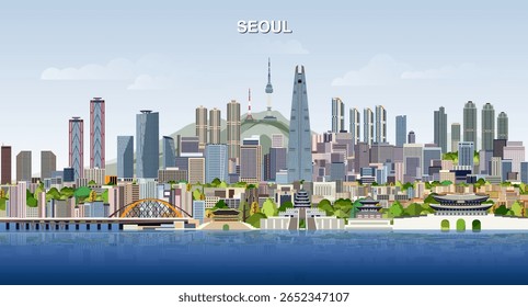 Seoul city skyline on gradient beautiful day sky background. Vector illustration