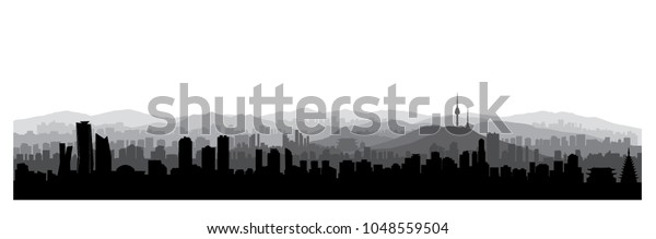 韓国のソウル市のスカイラインビュー 韓国の都市のパノラマ画像 有名な建物のシルエットを持つ町並み のベクター画像素材 ロイヤリティフリー