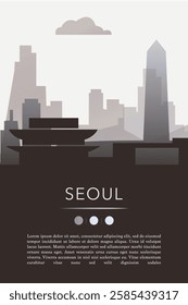 Seoul city template for website, presentation, front page, invitation, publication sheet with skyline, landmarks. Vector South Korea image layout, simple and grayscale