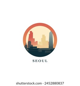 Seoul cityscape, gradient vector badge, flat skyline logo, icon. South Korea capital city round emblem idea with landmarks and building silhouettes. Isolated graphic