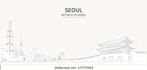 Seoul Cityscape Line Vector. Sketch Style South Korea Landmark Illustration. 