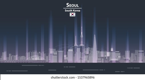 Seoul Cityscape At Night Line Art Style Detailed Vector Illustration