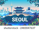 Seoul cityscape traditional Korean architecture modern skyline colorful foliage vibrant landscape travel destination tourism design element