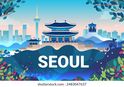 Seoul cityscape traditional Korean architecture modern skyline colorful foliage vibrant landscape travel destination tourism design element