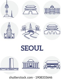 Seoul Korea Landmark Line Icon Set