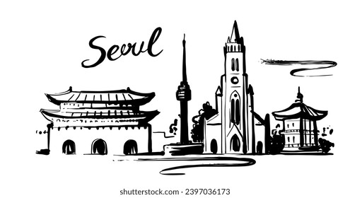 Seoul landmarks, hand drawn - South Korea. Sketch