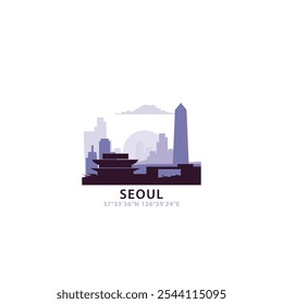 Seoul logo with skyline, cityscape retro vector icon. South Korea city horizon, facade, travel logotype