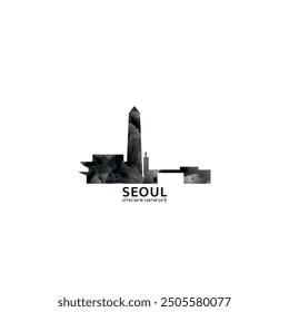 Seoul panorama, vector badge, skyline logo and icon. South Korea capital city horizon logotype with landmarks and building silhouettes. Isolated foggy abstract gradient graphic