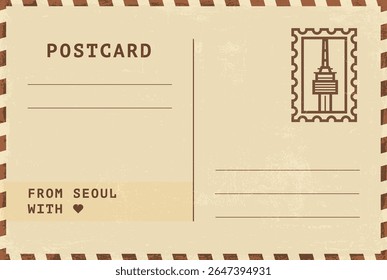 Do modelo de cartão postal de Seul. Ilustração de cartão postal estilo vintage grungy vetor com selo, torre, marco, mensagem. Layout de imagem simples de saudações simples