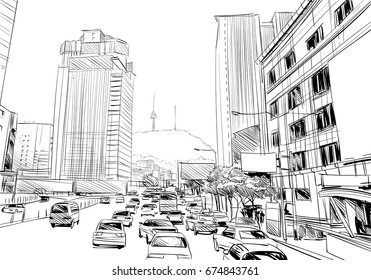 Seoul. The Republic of Korea. Hand drawn city sketch. Vector illustration.