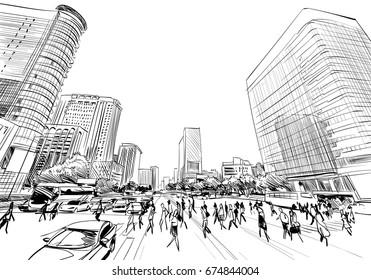 Seoul. The Republic of Korea. Hand drawn city sketch. Vector illustration.