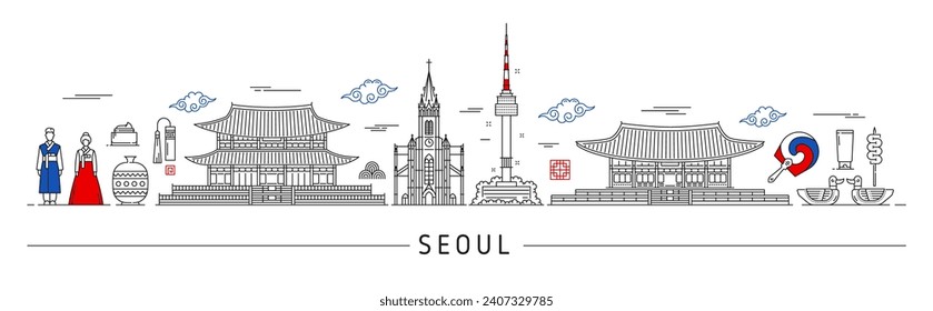 Seoul silhouette, Korean travel landmarks and city skyline in vector line. South Korea travel and Seoul panorama buildings, architecture cityscape, people in traditional costumes and Korean landmarks