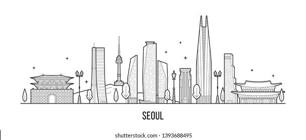 Seoul Skyline, South Korea. This Illustration Represents The City With Its Most Notable Buildings. Vector Is Fully Editable, Every Object Is Holistic And Movable