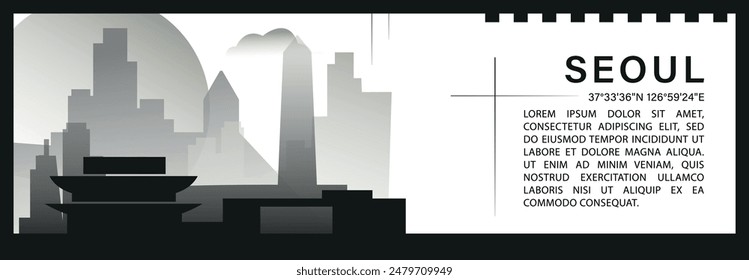 Anuncio de Vector del horizonte de Seúl, silueta minimalista del paisaje urbano en blanco y negro. Gráfico Horizontal de la capital de Corea del Sur, infografía de viajes, diseño monocromo para el Sitio web