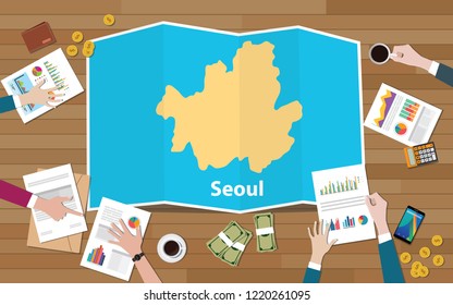 seoul south korea asia capital city region economy growth with team discuss on fold maps view from top vector illustration