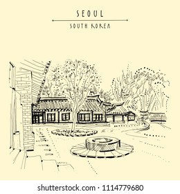 Seoul, South Korea, Asia. Changdeokgung Palace, Nakseonjae Complex. Hand drawing in retro style. Travel sketch. Vintage touristic postcard, poster or book illustration in vector