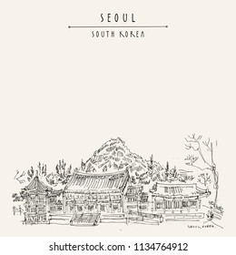 Seoul, South Korea, Asia. Taewonjeon Hall Shrine in Gyeongbokgung Palace. Mountain on background. Hand drawing in retro style. Travel sketch. Vintage touristic postcard in vector