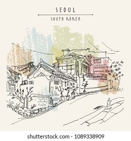 Seoul, South Korea, Asia. Traditional Korean Hanok houses. Hanok Bukchon. Hand drawing in retro style. Travel sketch. Vintage touristic postcard, poster or book illustration in vector