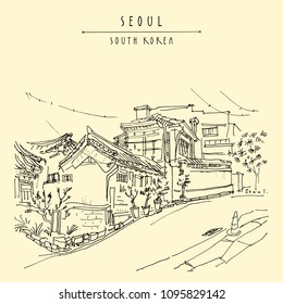 Seoul, South Korea, Asia. Traditional Korean Hanok houses. Hanok Bukchon. Hand drawing in retro style. Travel sketch. Vintage touristic postcard, poster or book illustration in vector