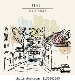 Seoul, South Korea, Asia. Traditional Korean Hanok houses. Hanok Bukchon. Hand drawing in retro style. Travel sketch. Vintage touristic postcard, poster or book illustration in vector