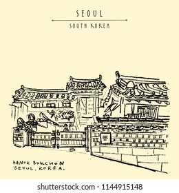 Seoul, South Korea, Asia. Traditional Korean Hanok houses. Hanok Bukchon. Hand drawing in retro style. Travel sketch. Vintage touristic postcard, poster or book illustration in vector