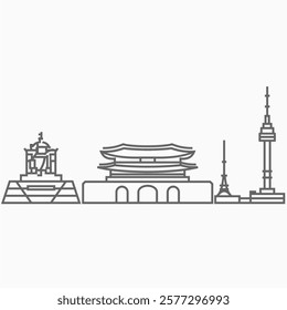 Seoul south korea buildings landmarks black and white outline drawing vector