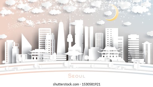 Seoul South Korea City Skyline in Paper Cut Style with Snowflakes, Moon and Neon Garland. Vector Illustration. Christmas and New Year Concept. Santa Claus on Sleigh. 