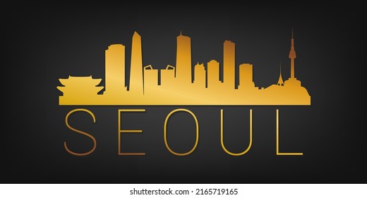 Seoul, South Korea Gold Skyline City Silhouette Vector. Golden Design Luxury Style Icon Symbols. Travel and Tourism Famous Buildings.