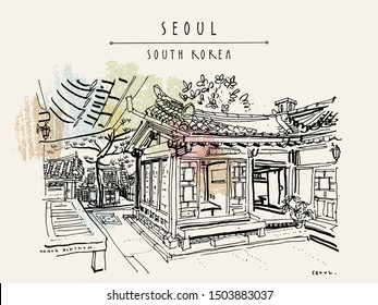 Seoul, South Korea. Hanok Bukchon. Hand drawn vintage touristic postcard