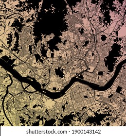 Seoul, South Korea (KOR) - Urban vector megacity map with parks, rail and roads, highways, minimalist town plan design poster, city center, downtown, transit network, gradient blueprint
