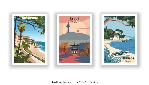 Seúl, Corea del Sur. Tarragona, España. Thassos, Grecia - Juego de 3 Carteles de Viajes Vintage. Ilustración vectorial. Impresiones de alta calidad