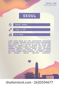 Seoul, South Korea vector infographics, brochure layout. Guide, leaflet, flyer, advertising graphic template with text, information, city skyline shape. Page, festival, cover mock up image