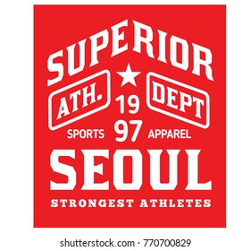Seoul sport t-shirt design, college sport team style typography for poster, t-shirt or print.