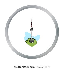 Seoul tower icon in cartoon style isolated on white background. South Korea symbol stock vector illustration.