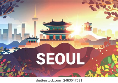 Seoul travel cityscape traditional buildings modern skyline sunrise foliage colorful design elements background template