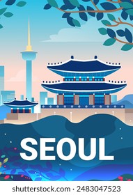 Seoul travel illustration traditional architecture cityscape nature modern buildings vibrant colors tourism design