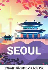 Seoul travel illustration traditional buildings colorful skyline modern cityscape vibrant foliage design elements tourism concept