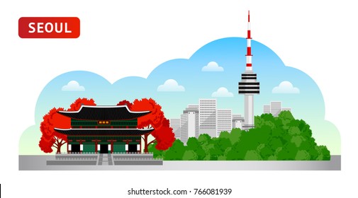 Seoul. Travel To South Korea. Beautiful Horizontal Panoramic View. Morning, Afternoon, Day. Vector Flat Illustration.